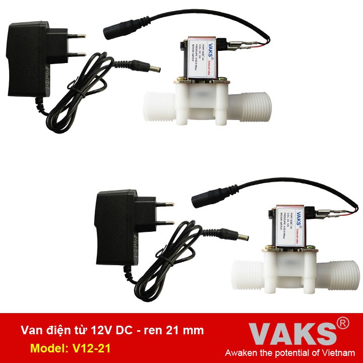 02 Bộ van điện từ phi 21 - thường đóng - dùng điện 12V DC (kèm 02 nguồn 12V, 1A)