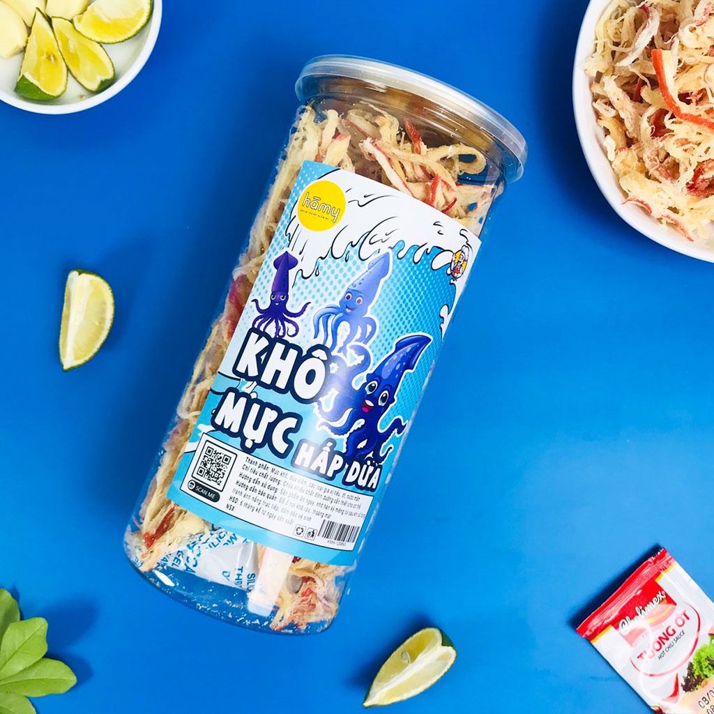 Khô mực hấp dừa xé sợi hũ 250g siêu ngon, đồ ăn vặt Hà My