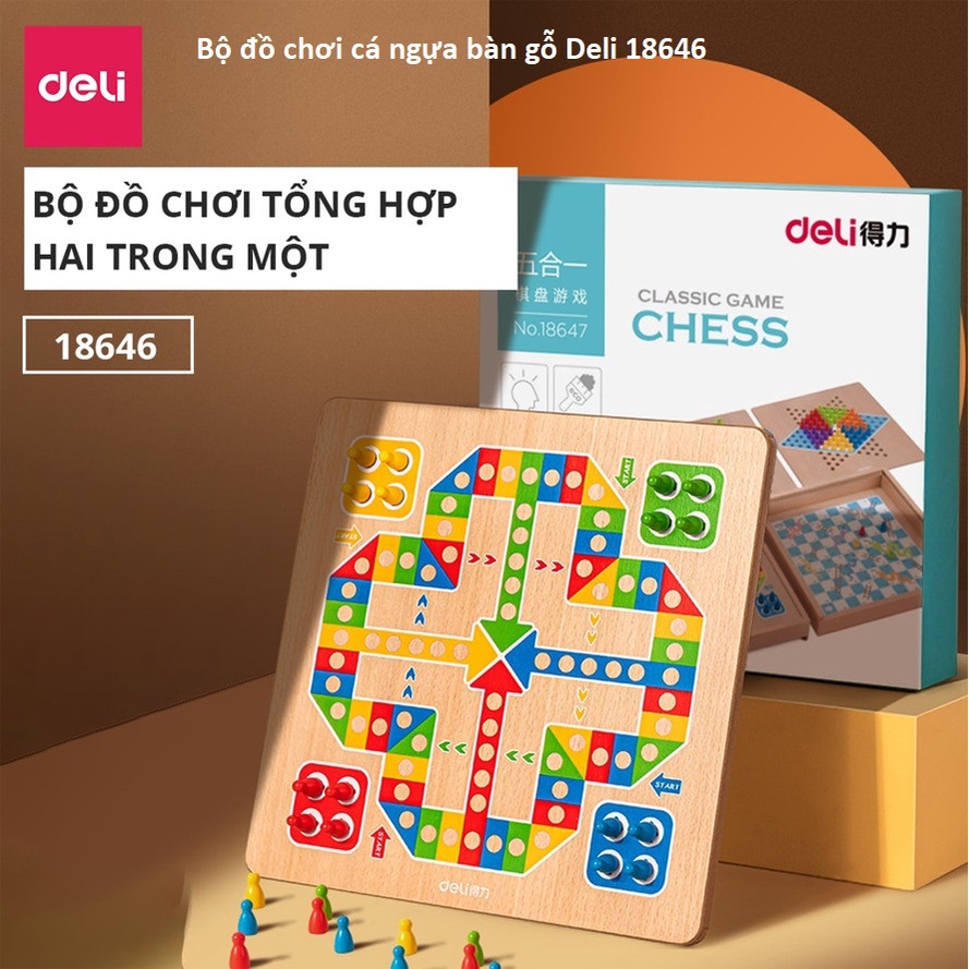 Bộ đồ chơi cờ cá ngựa bàn gỗ Deli 2 trong 1 -18646 - vpp Diệp Lạc