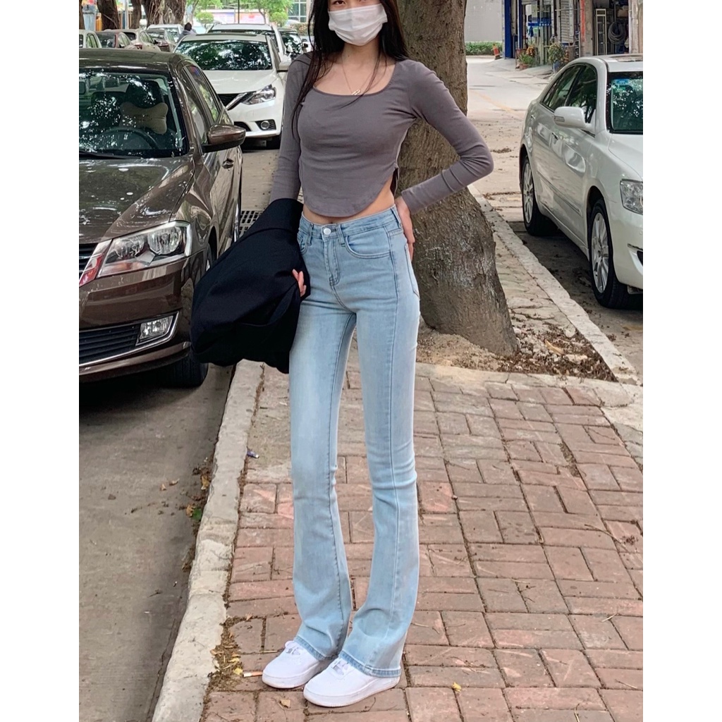 Quần jean flared jean lưng cao ống  loe nhẹ form hàn quốc | BigBuy360 - bigbuy360.vn