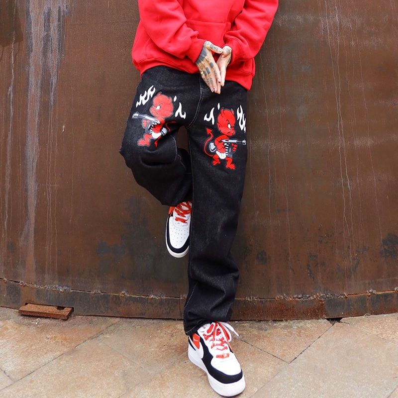 Quần Jogger Denim Cotton In Họa Tiết Evil Gun Phong Cách Harajuku 2023 Cho Nam