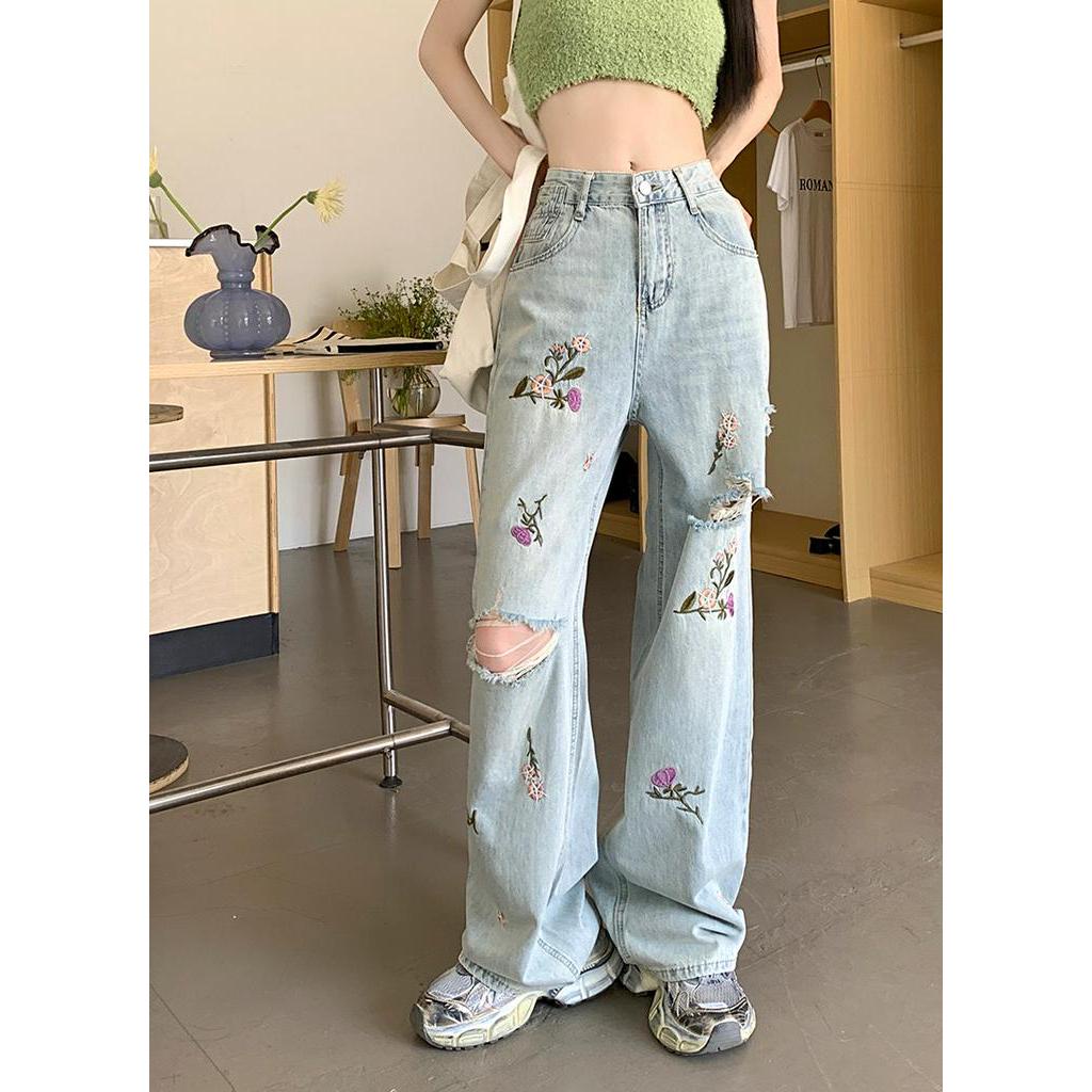 Quần Jean Ống Rộng Rách Gối Thêu Hoa Phong Cách Mới Mùa Hè 64011