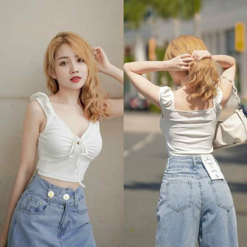 Áo Kiểu Nữ Croptop Chất Gân Cột Nơ Ngực