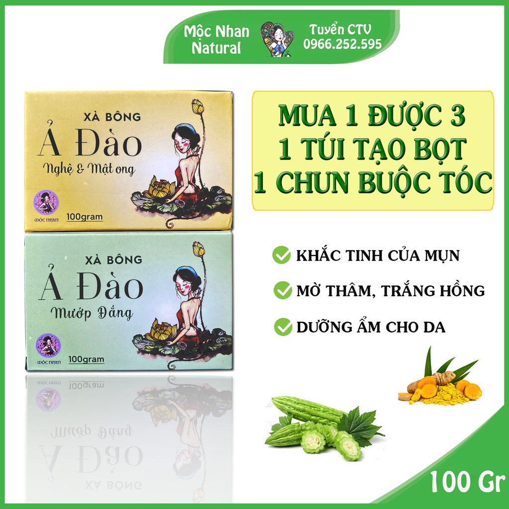 Xà bông nghệ, Xà bông mướp đắng, Mộc Nhan Natural, giảm mụn lưng, mờ thâm, da trắng hồng, mocnhanvn