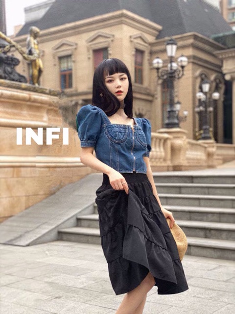 Set áo croptop bò LISA khoá ngực cổ vuông + chân váy đen thắt dây xẻ đùi Ulzzang cá tính sexy ❤️