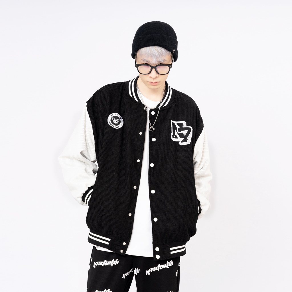 Áo Khoác Varsity Jacket N7 STUDIO bomber bóng chày basic nam nữ form rộng, áo bomber nhung tăm 2 lớp phối tay