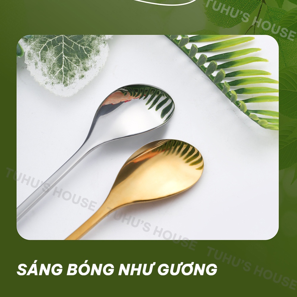 Thìa inox nĩa muỗng inox hình hoa lá, muỗng cà phê inox, thìa dài uống trà hai màu vàng bạc sang trọng - NACUSO