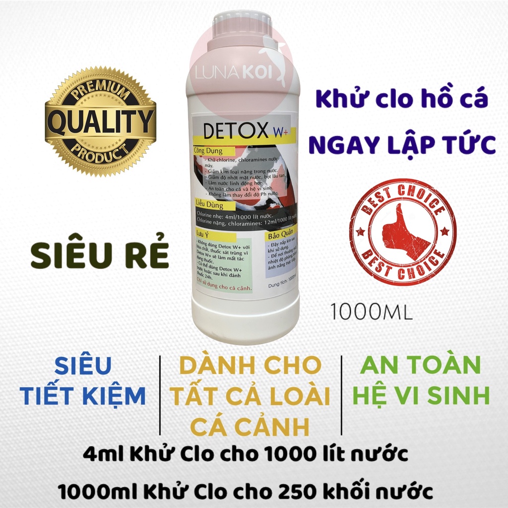 Detox W+ khử Clo hồ cá Koi siêu tiết kiệm, hiệu quả cao ngay lập tức chai 1 lít - Mua nhiều giá Sỉ