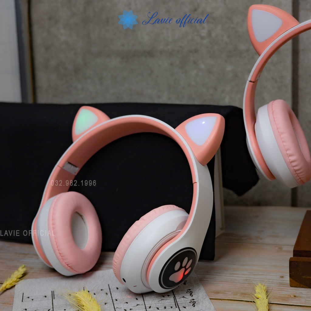 Tai Nghe Bluetooth Tai Mèo Màu Đen Không Dây Có Mic, Led RGB, Bass Cực Ấm Headphone Mèo Chụp Tai Bluetooth 5.0 Dễ Thương