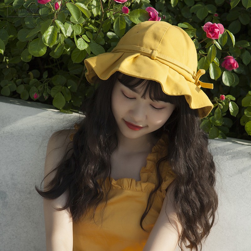 Nón Tai Bèo Chống Nắng Màu Trơn Đính Nơ Dễ Thương Phong Cách Nhật Bản Cho Nữ