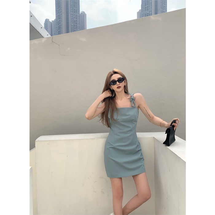Đầm Hai Dây Màu Trơn Phong Cách Retro Cho Nữ
