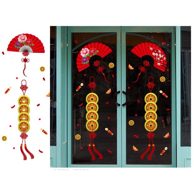 Decal trang trí tết - Quạt đỏ dây đồng Xu may mắn