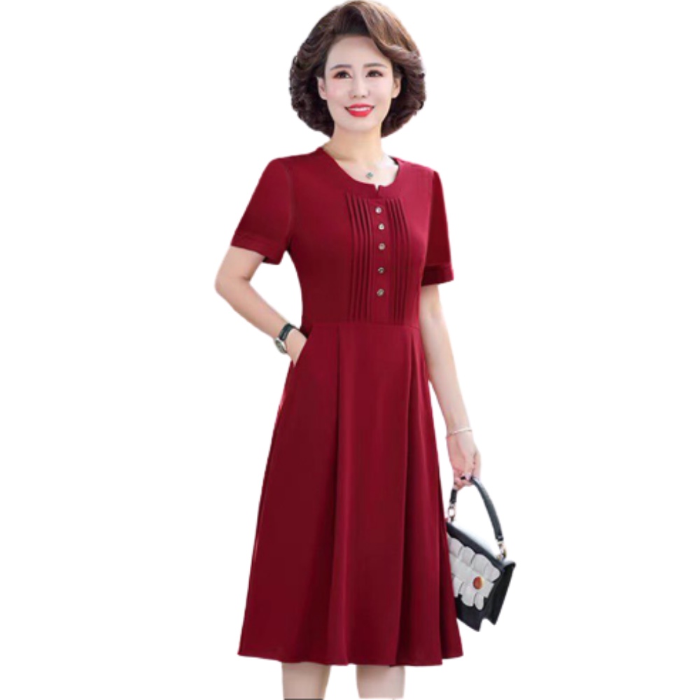 Đầm trung niên dự tiệc u50 sang trọng Thiên Tú kiểu cổ tròn tay ngắn chất voan lụa mát mẻ dài đến cổ chân