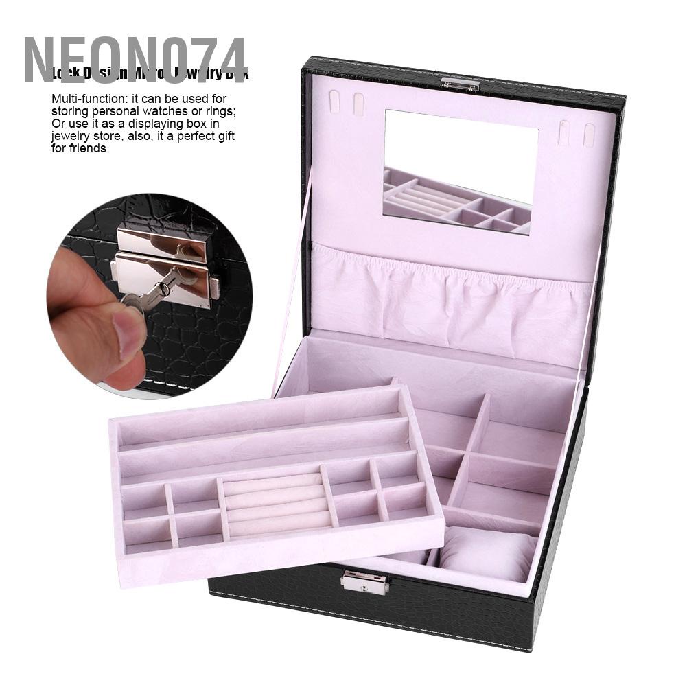 Hộp đựng trang sức bọc da hai tầng có khóa - hộp đựng nữ trang cao cấp - đựng Đồng hồ Bông tai Nhẫn Dây chuyền có Gương Neon074