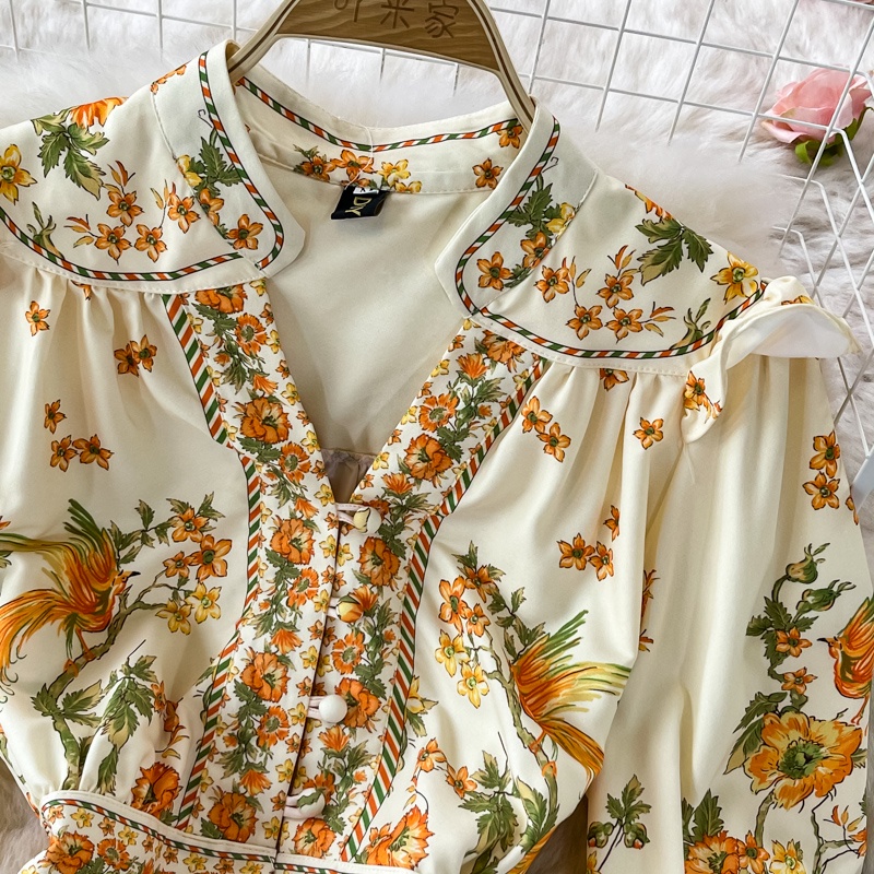 #1948   Váy cổ chữ V dành cho quý cô mùa thu, kiểu cung đình mới, chiết eo, tôn dáng