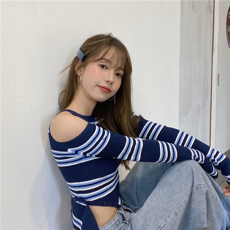Áo Thun Tay Dài Trễ Vai Họa Tiết Kẻ Sọc Thời Trang Cho Nữ
