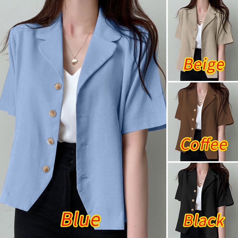 Áo khoác blazer ZANZEA tay ngắn cổ bẻ màu trơn cài khuy kiểu Hàn Quốc thời trang cho bạn gái