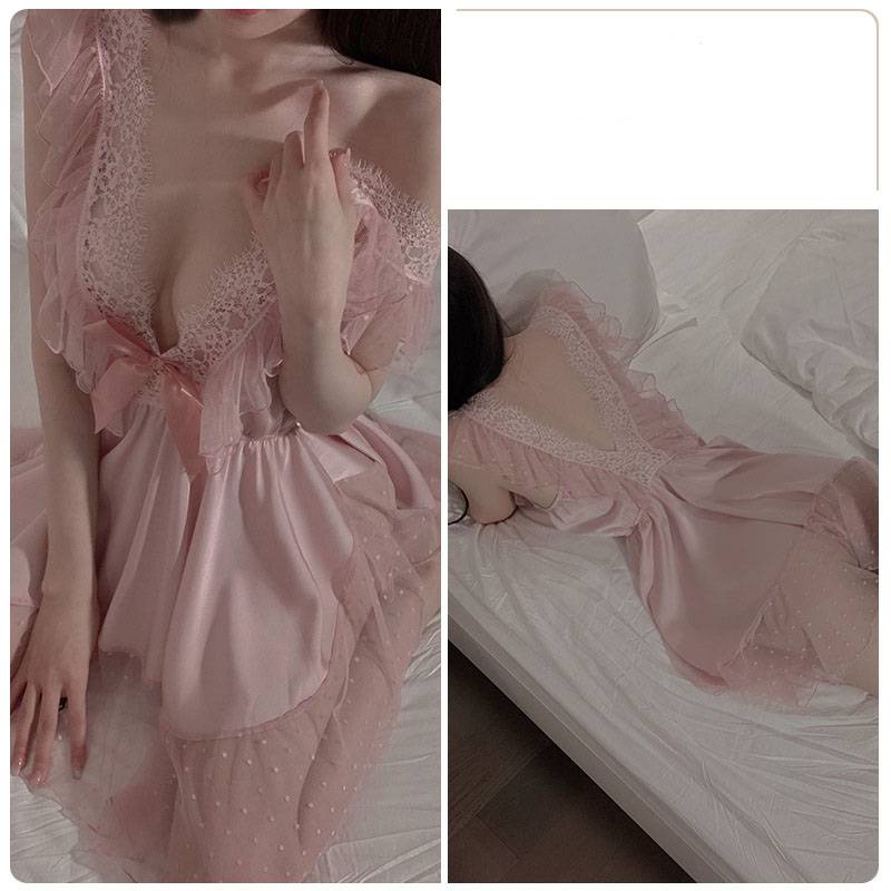 Đồ ngủ Hai Dây Phối Lưới Chấm Bi Hở Lưng Gợi Cảm Dễ Thương Cho Nữ