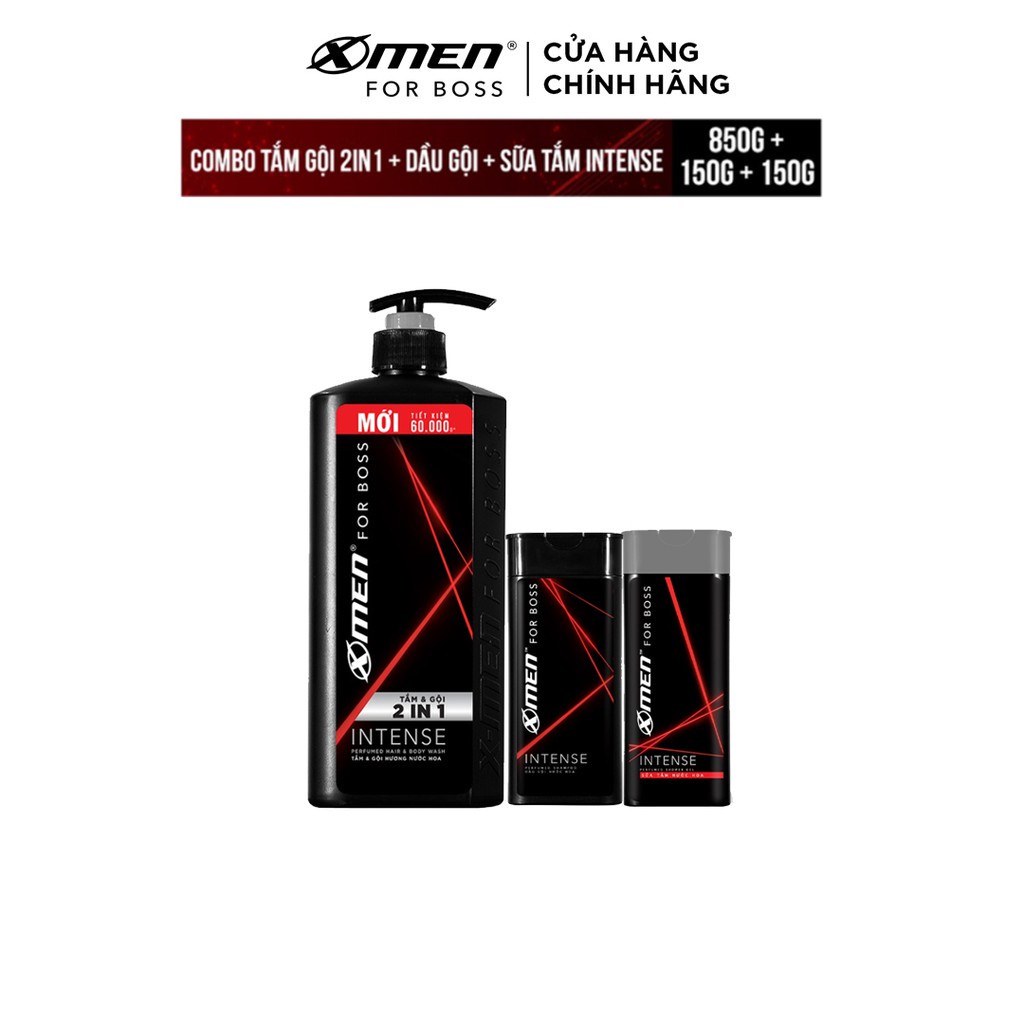 Combo Tắm gội X-Men for Boss Intense 2in1 850g + Dầu gội Nước hoa Intense 150g + Sữa tắm Nước hoa Intense 150g