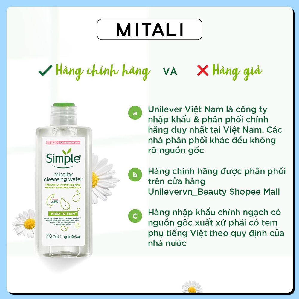 Nước Tẩy Trang Simple Micellar Cleansing Water 200ml , Sạch Sâu Dịu Nhẹ Cho Da Nhạy Cảm MiTaLi | BigBuy360 - bigbuy360.vn
