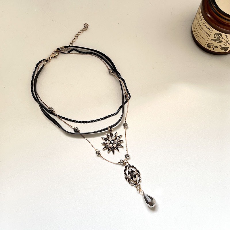 Vòng cổ bằng da CHOKER khí chất nữ thần Retro bảoque gothic pha lê nhiêu lớp khoe xương quai xanh