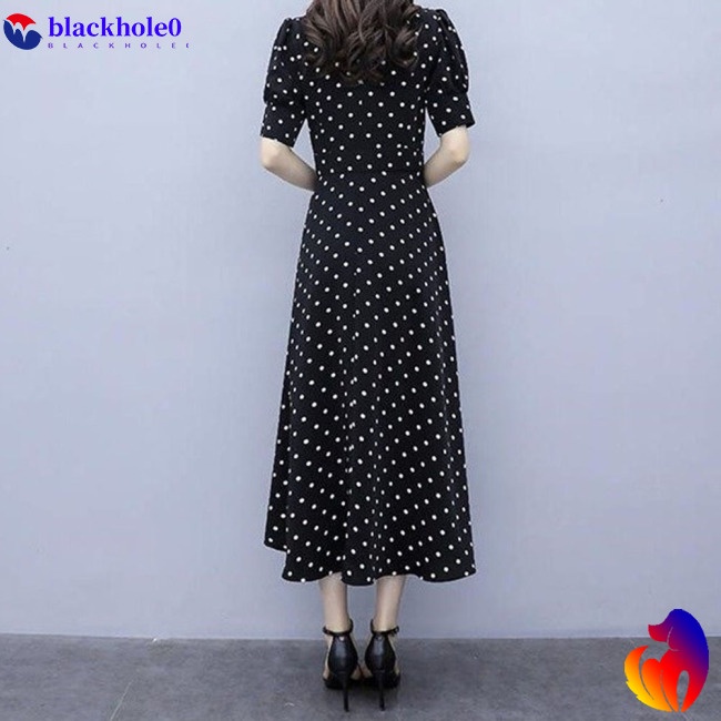 BH Summer Slim V-neck A-line Dress Simple Dot Flare Sleeves Middle Long Causal Dress