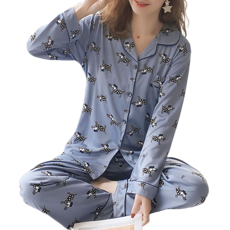 Bộ Đồ Ngủ Tay Dài Có Nút In Họa Tiết Hoạt Hình Dễ Thương Cho Nữ