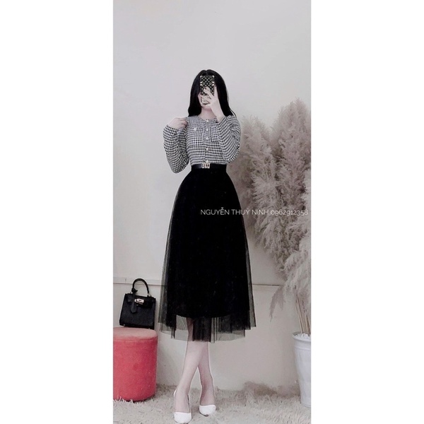 Set áo dạ caro cúc ngọc + chân váy dài xếp li kèm đai Gc