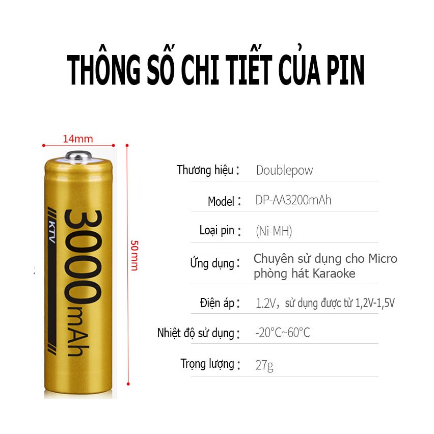 [Hàng chuẩn] Hộp 4 viên Pin AA sạc lại Doublpow dung lượng 3000mAh (vàng) - dành cho Micro Karaoke