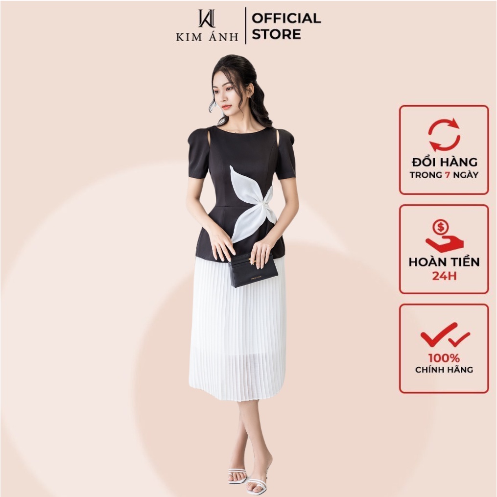 Áo Kiểu Thiết Kế Nữ Kim Ánh Jadie Top Tay Ngắn Cổ Tròn Chất Liệu Lụa Hàn họa Tiết Nơ Eo AKSX34008
