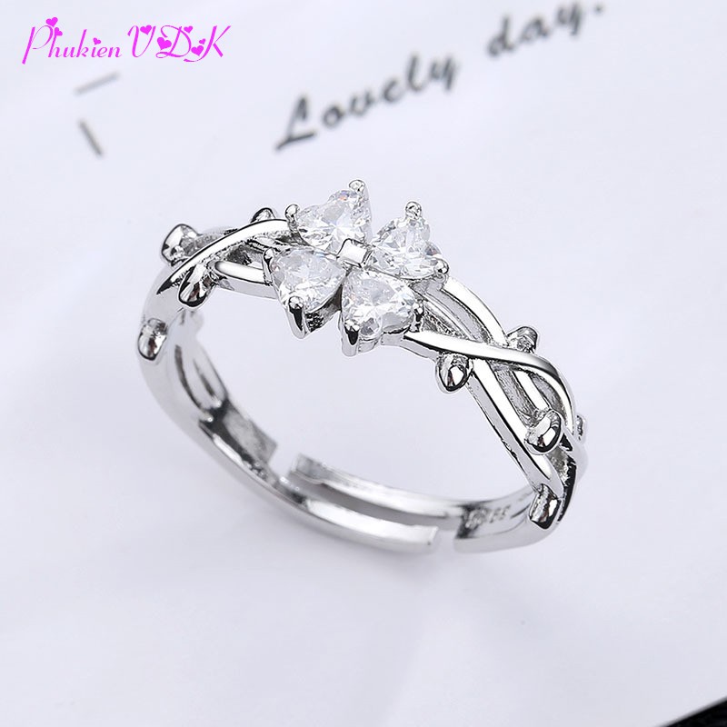 Nhẫn nữ cỏ bốn lá may mắn dạng hở
