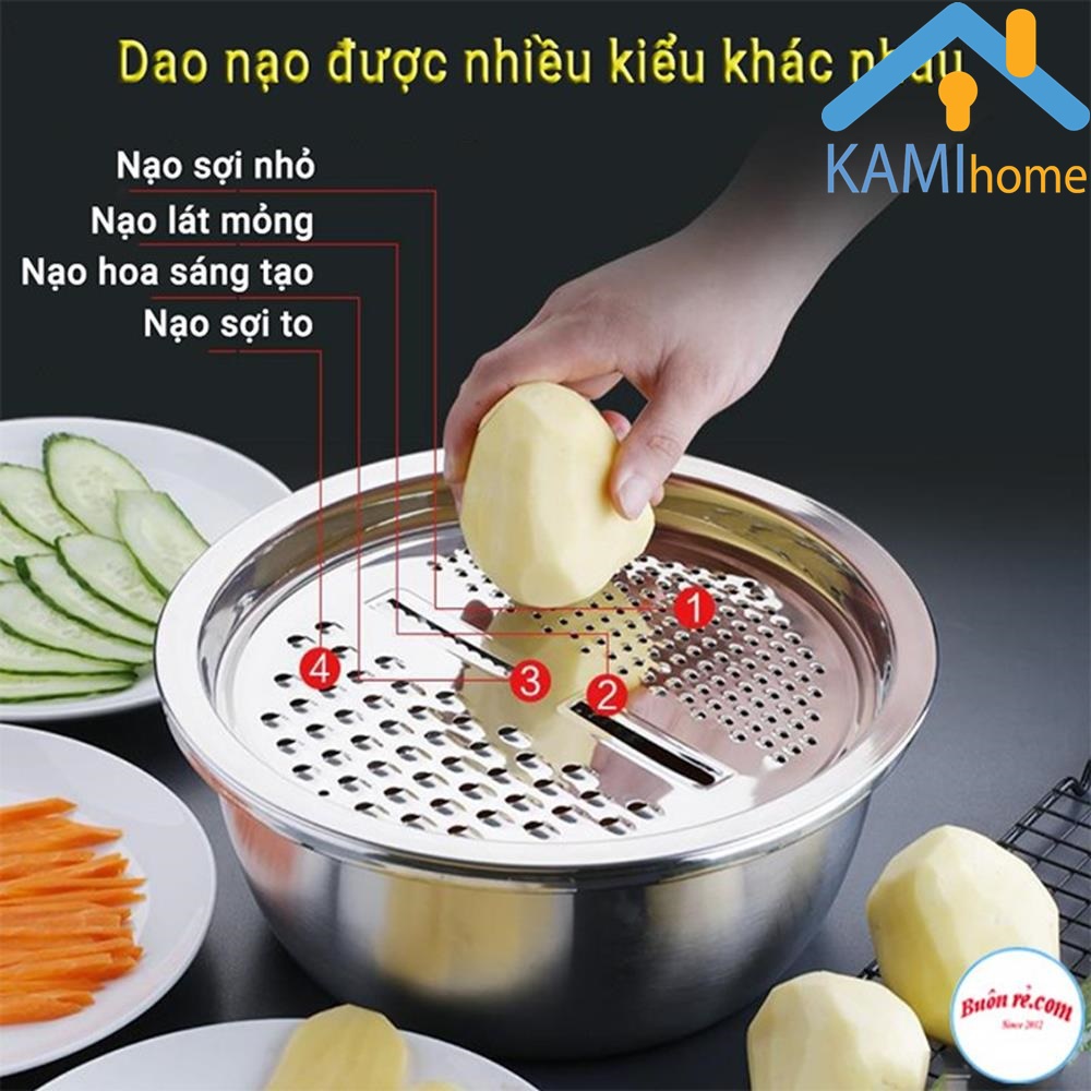 Bộ bát Inox đa năng gồm: Bàn nạo 4 kiểu + Rổ thưa + Thố đựng thực phẩm KM20076