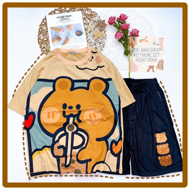 Đồ Bộ Hoạt Hình Set Cartoon Đùi GẤU NÂU ĐEN mặc nhà from rộng Unisex Freesize 38-70kg Nam nữ