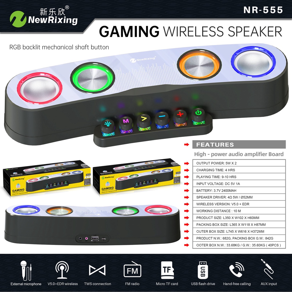 Loa bluetooth không dây NR-555 mới 2022 công suất 20W bass mạnh pin 4 giờ âm thanh siêu hay Bảo hành 6 tháng đổi mới