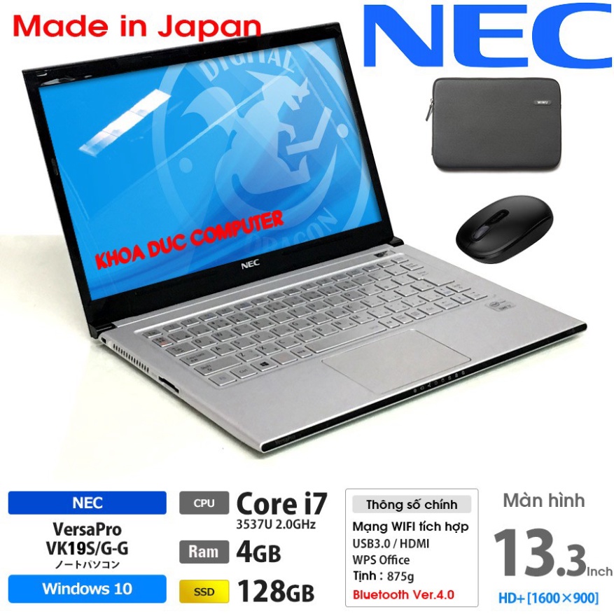 Laptop Nhật Bản NEC Versapro VK19 Core i7, 4gb Ram, SSD 128gb, 13.3inch HD vỏ nhôm siêu mỏng nhẹ 800gram