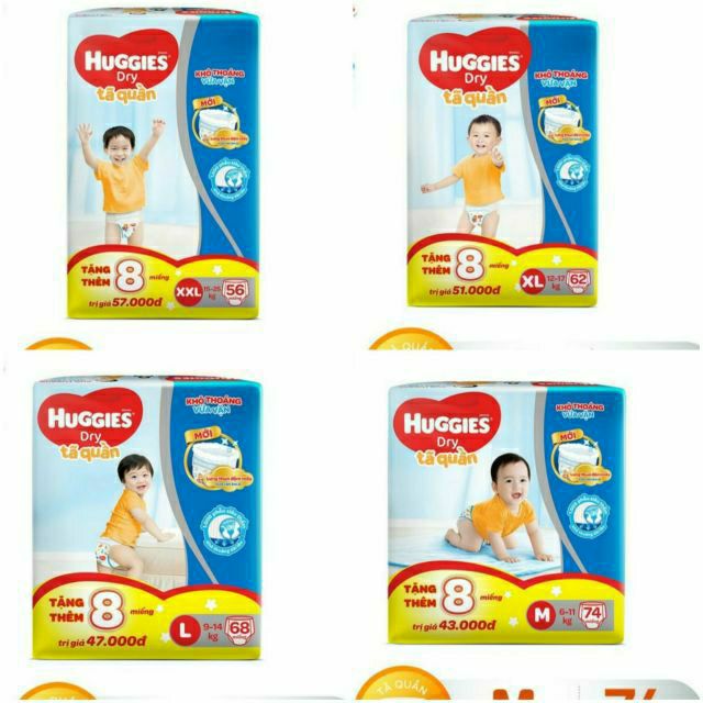 (Cộng miếng)Bỉm quần Huggies M74/L68/XL62/XXL56/M74+8/L68+8 miếng mẫu đệm mây mới.