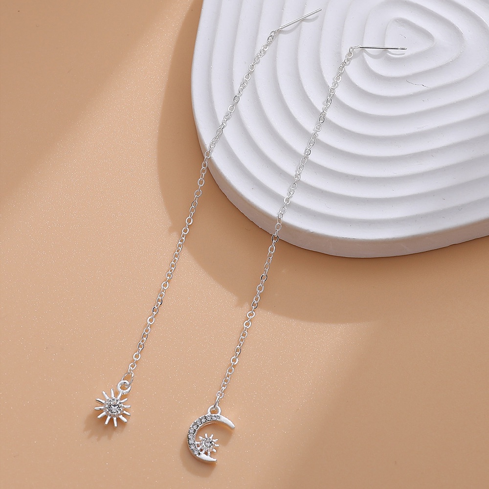 Khuyên Tai Dáng Dài Không Đối Xứng Hình Mặt Trăng/Mặt Trời Đính Đá Zircon Thời Trang Cho Nữ