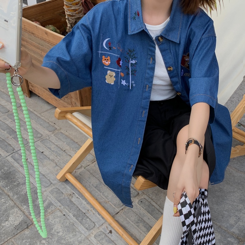  Áo sơ mi denim tay ngắn dáng rộng thêu họa tiết phong cách harajuku retro cho nữ | BigBuy360 - bigbuy360.vn