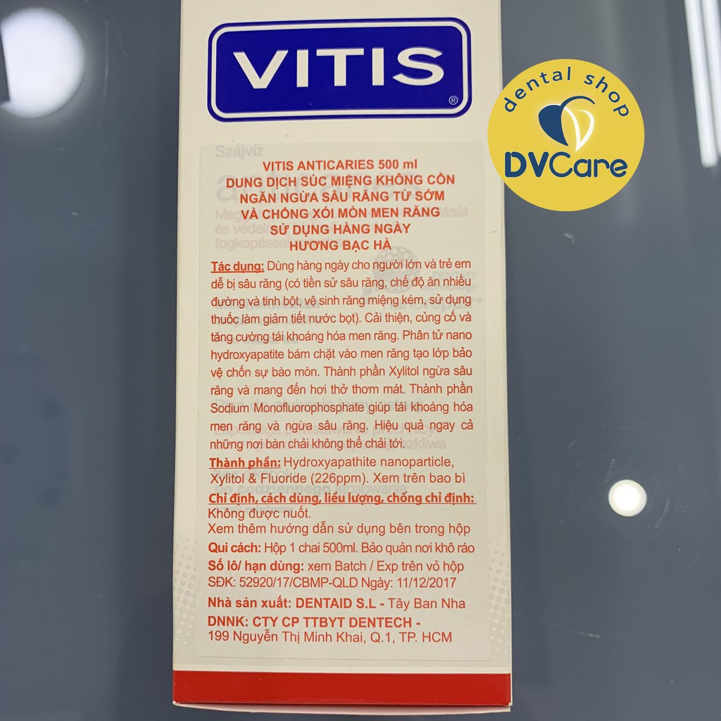 Nước súc miệng giảm ê buốt, chống sâu răng VITIS ANTICARIES 500ml [dvcareshop]