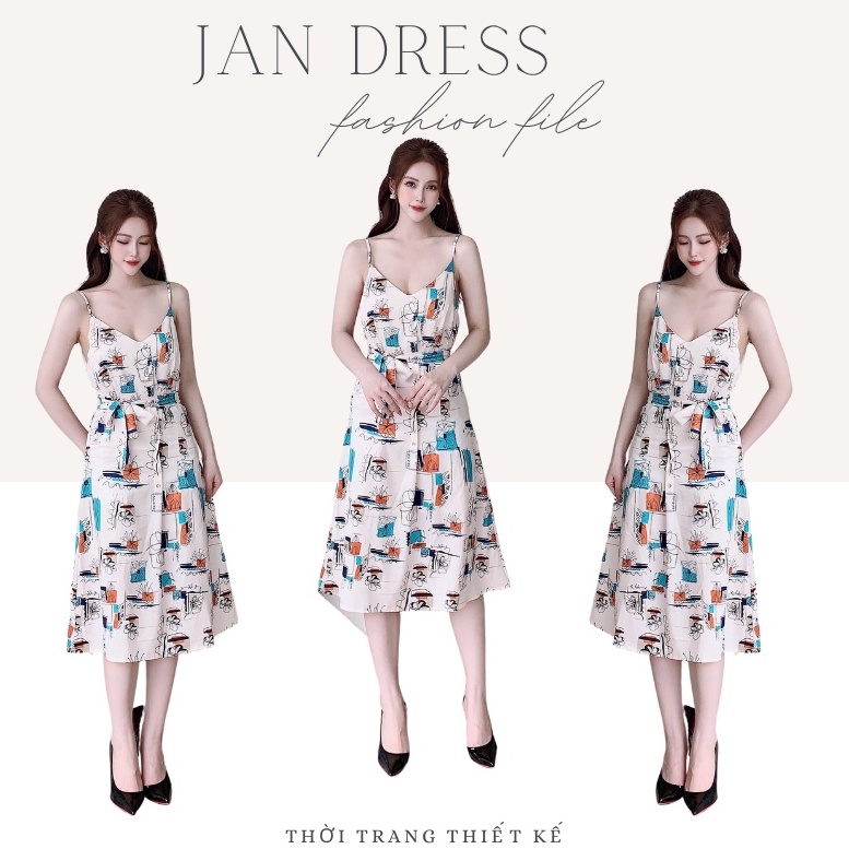 Đầm váy 2 dây nữ, đầm bánh bèo nữ JANDRESS họa tiết đi biển siêu xinh,chất liệu mềm min không nhăn h