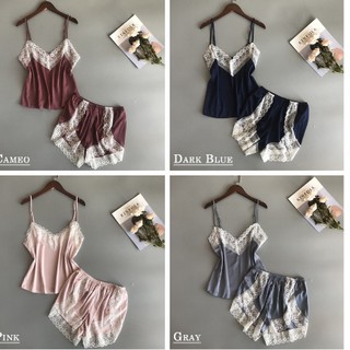 Bộ đồ ngủ thương hiệu UNLIMON chất vải lụa satin phối ren cho nữ