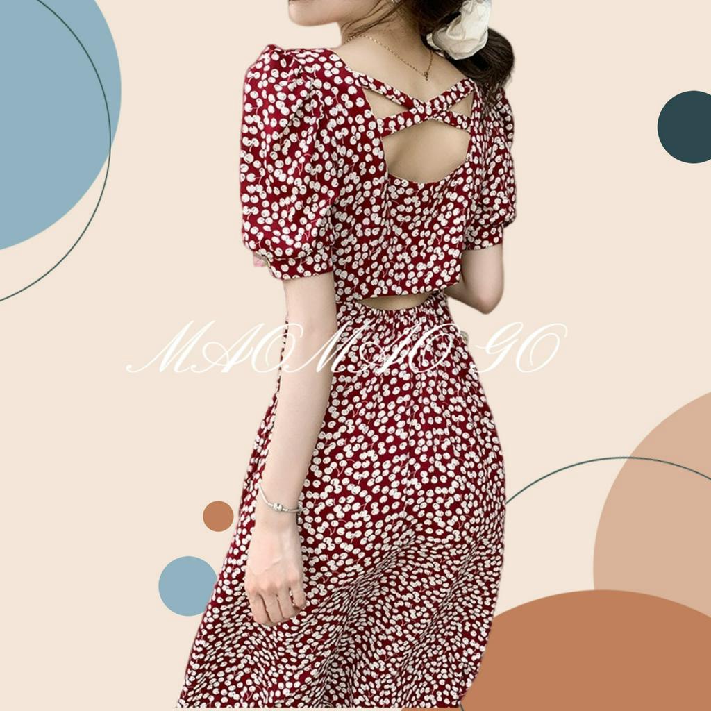 Maomao GO Đầm Hoa Tay Ngắn Phồng Cổ Vuông Hở Lưng Thời Trang Pháp