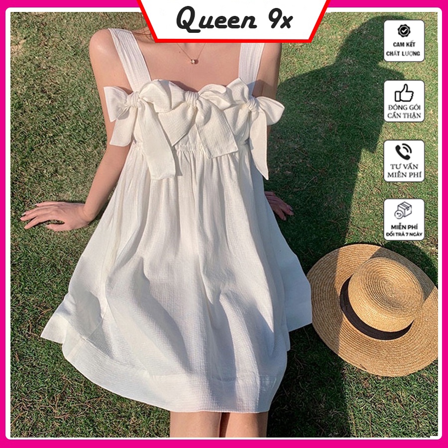 Đầm Nữ 2 Dây Babydoll Buộc Nơ, Váy Hai Dây Công Chúa Bánh Bèo Màu Đen Trắng Loại 1