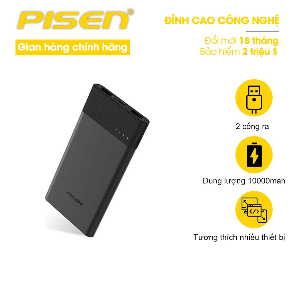 Sạc dự phòng Pisen Bank 2S Pro 10000mAh (Type C, Dual USB )- HÀNG CHÍNH HÃNG