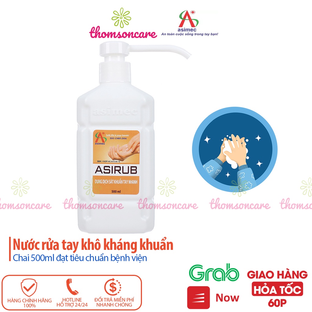 Nước rửa tay khô sát khuẩn nhanh Asirub - chai 500ml có vòi - diệt khuẩn, bộ y tế cấp phép, gel kháng khuẩn