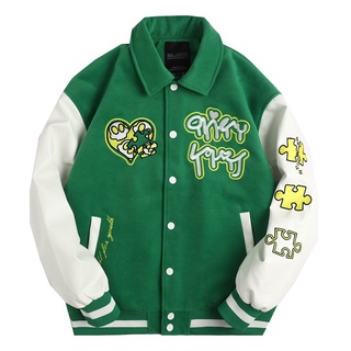 Áo khoác bomber mlb ny bóng chày cổ bẻ nam nữ màu xanh lá