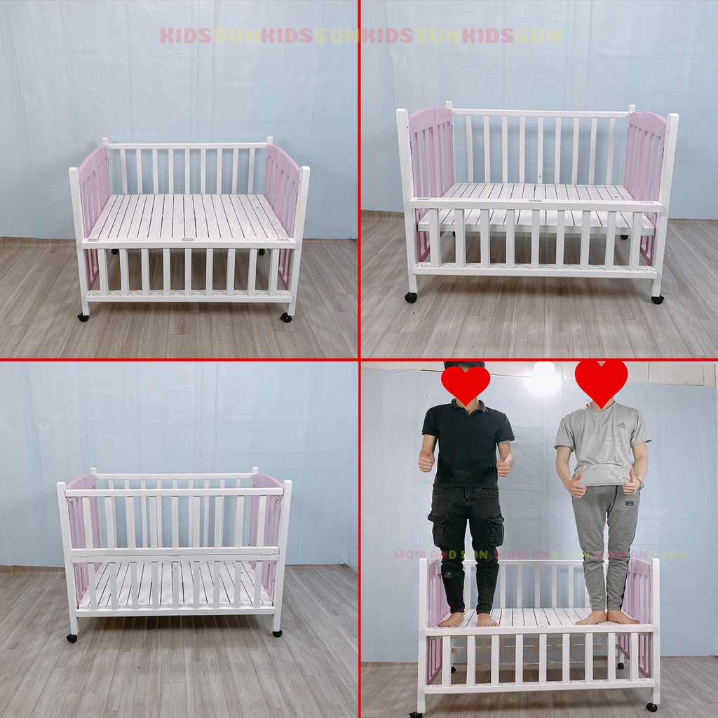 Cũi Gỗ Cho Bé Màu Trắng KIDSSUN Chất Liệu Gỗ Quế 3 Nấc Chịu Lực 100kg Bảo Hành 24 Tháng Hàng Xuất Khẩu Tặng Kèm Bánh Xe