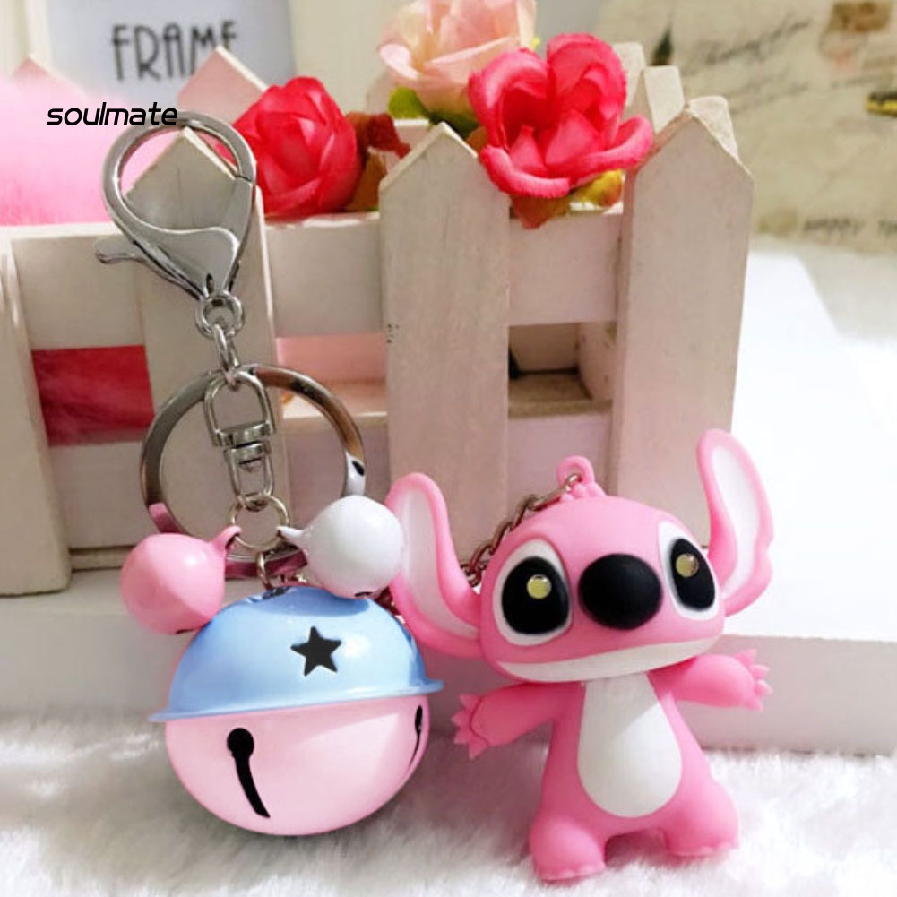 SOU 1Pc Cute Cartoon Stitch LED Light Up Bells Pendant Sound Keychain Keyring Decor