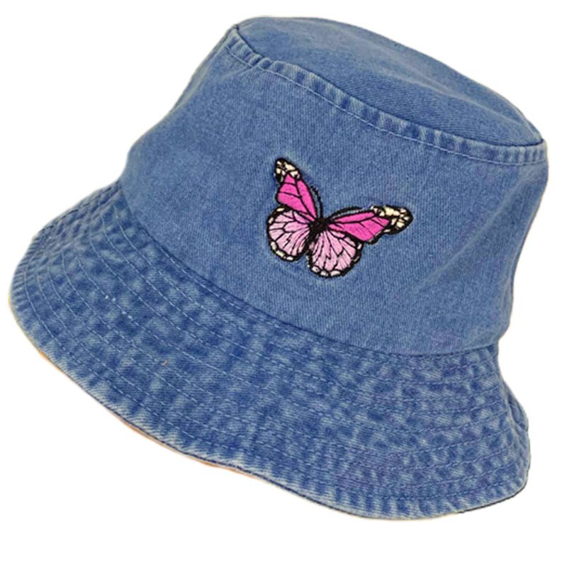 Nón Bucket Chất Liệu Denim Cotton Thêu Họa Tiết Bướm Thời Trang Unisex