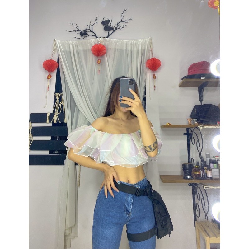 Áo bẹt vai croptop cầu vồng siêu xinh